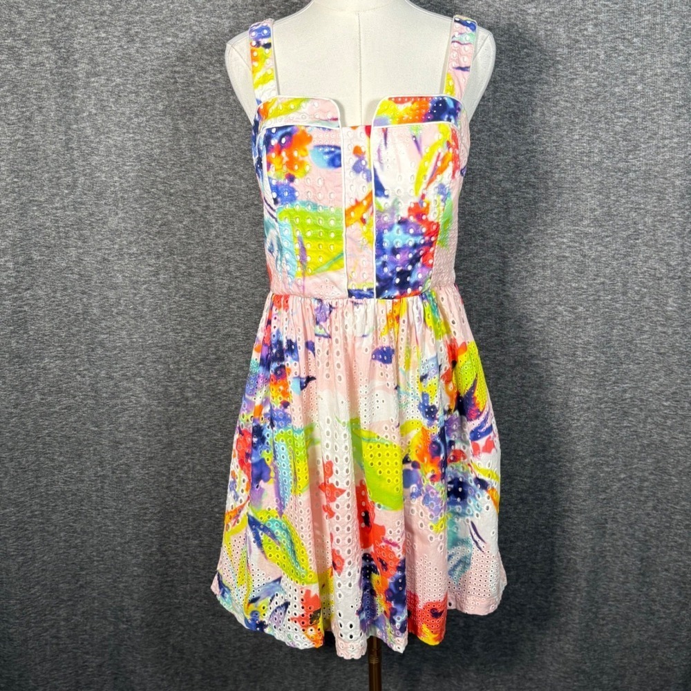 Trina Turk Eyelet Cotton Sundress Multicolor Paint Splash Print Size 8